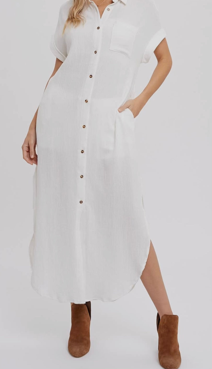 Long Maxi Dress with Pockets - White