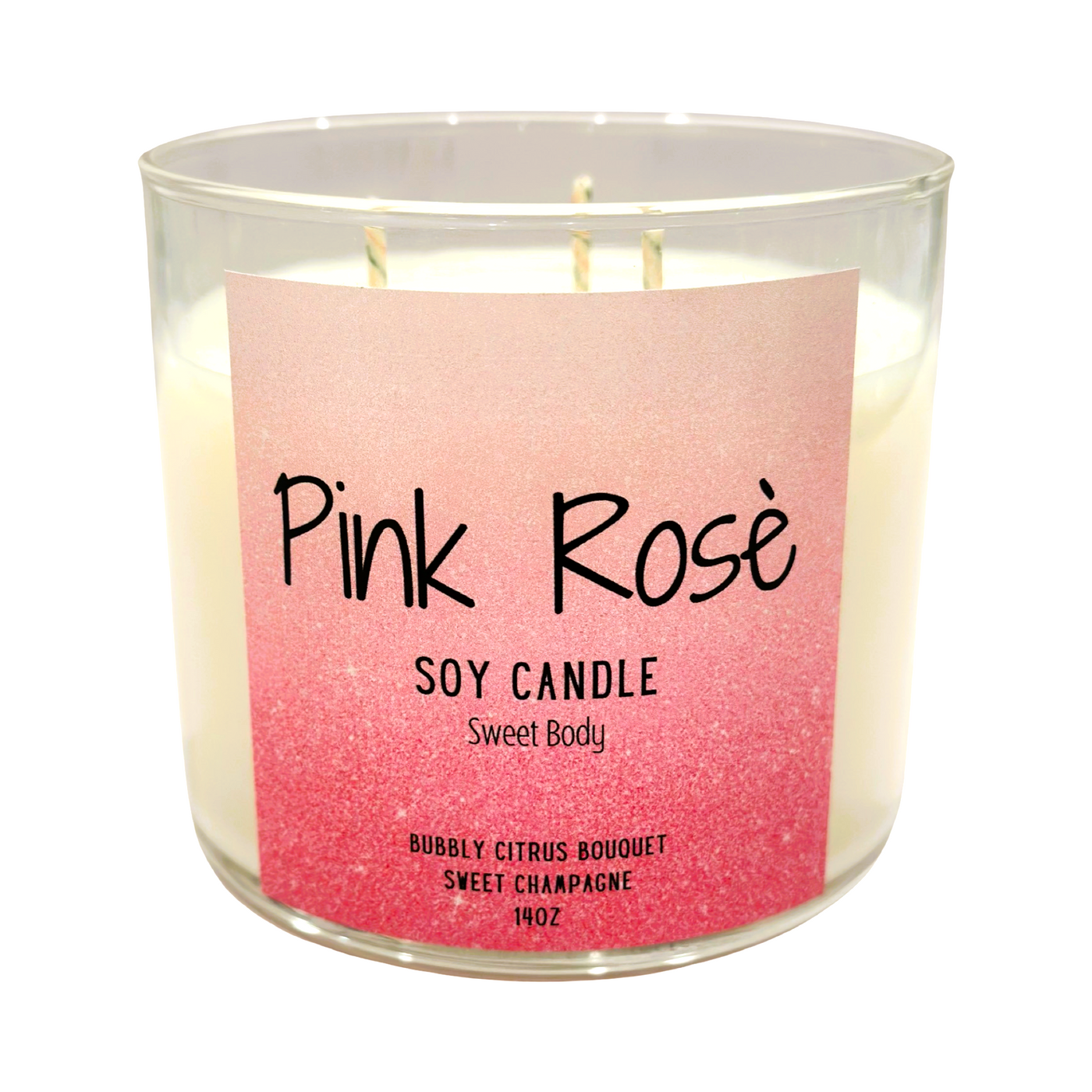Pink Rosè 3 Wick Soy Candle Citrus floral Champagne Handmade All Natural Sweet Body 6oz (Free Candle Snuffer)