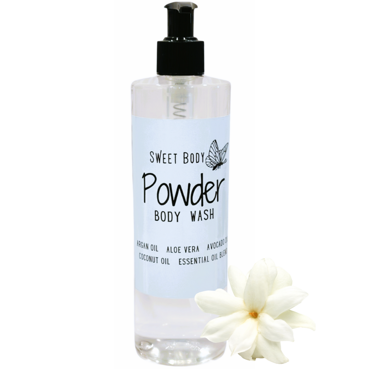 Baby Powder Natural Body Wash for Women, Men | Sulfate Free, Paraben Free, Dye Free, with Naturally Derived Clean Ingredients Leaving Skin Soft and Hydrating 16oz.(Free Loofah!)