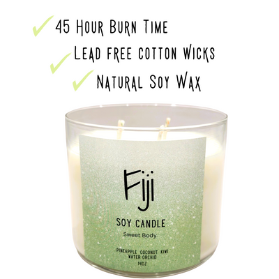Fiji Soy Candle Floral Fruit Medley -Orchid, Green Coconut, Kiwi Blossom, Tahitian Vanilla, Pineapple, Frangipani & Amber Sweet Body 14oz (Free Candle Snuffer)