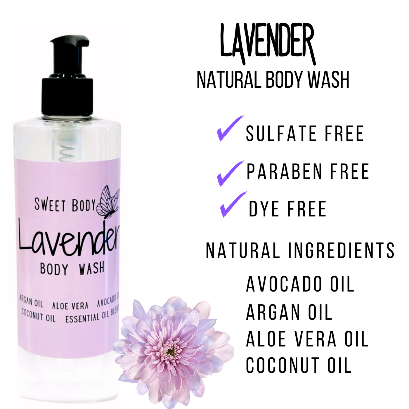 Lavender Natural Body Wash for Women, Men | Sulfate Free, Paraben Free, Dye Free, with Naturally Derived Clean Ingredients Leaving Skin Soft and Hydrating (Free Loofah)