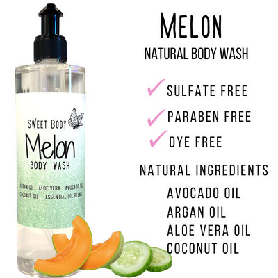 Melon Natural Body Wash for Women, Men | Sulfate Free, Paraben Free, Dye Free, with Naturally Derived Clean Ingredients Leaving Skin Soft and Hydrating 16oz.(Free Loofah!)