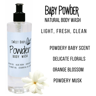 Baby Powder Natural Body Wash for Women, Men | Sulfate Free, Paraben Free, Dye Free, with Naturally Derived Clean Ingredients Leaving Skin Soft and Hydrating 16oz.(Free Loofah!)
