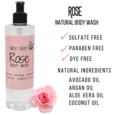 Rose Natural Body Wash for Women, Men | Sulfate Free, Paraben Free, Dye Free, with Naturally Derived Clean Ingredients Leaving Skin Soft and Hydrating 16oz.(Free Loofah!)