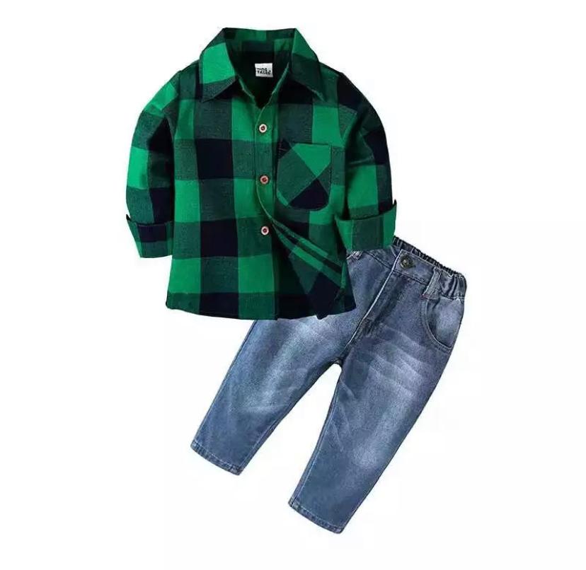 Little Boys Plaid Shirt & Denim Pants 2 piece set