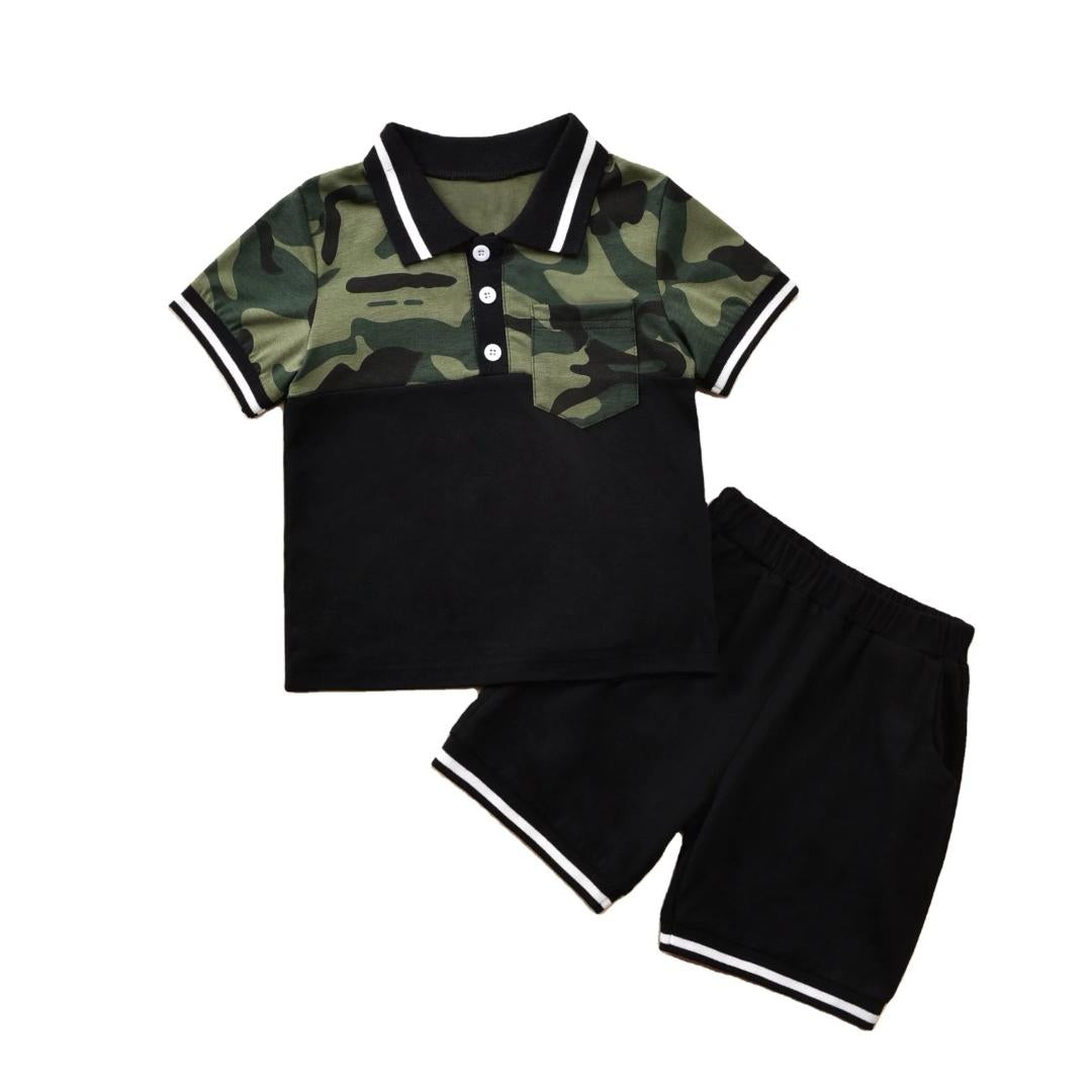 Little Boys Collar Short Set - Black and Army Fatigue